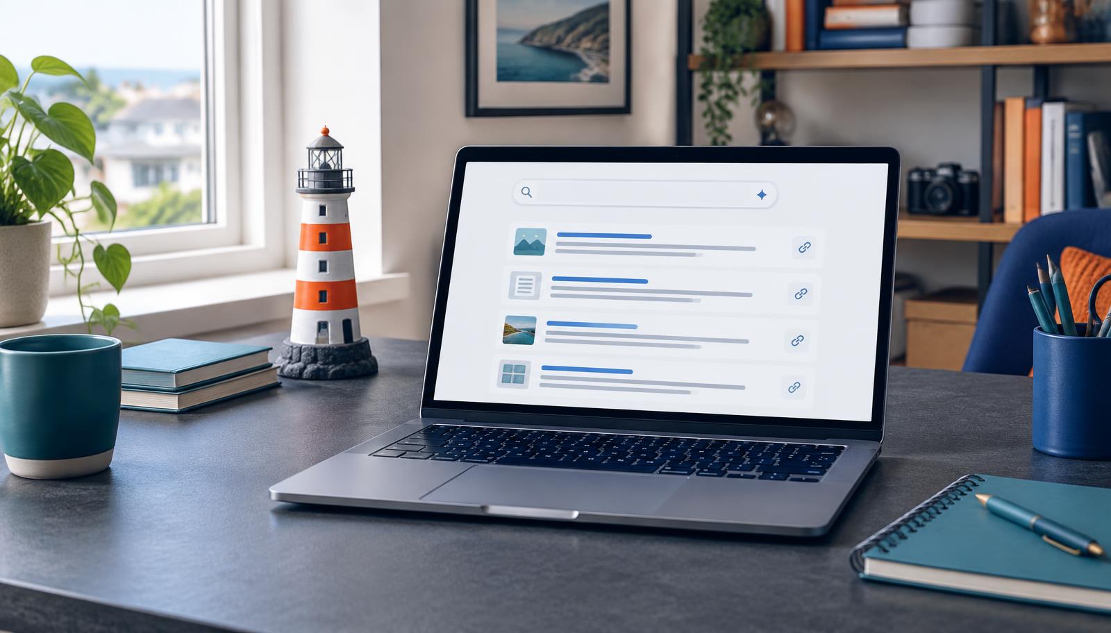 Illustrative laptop search results beside an orange and white lighthouse