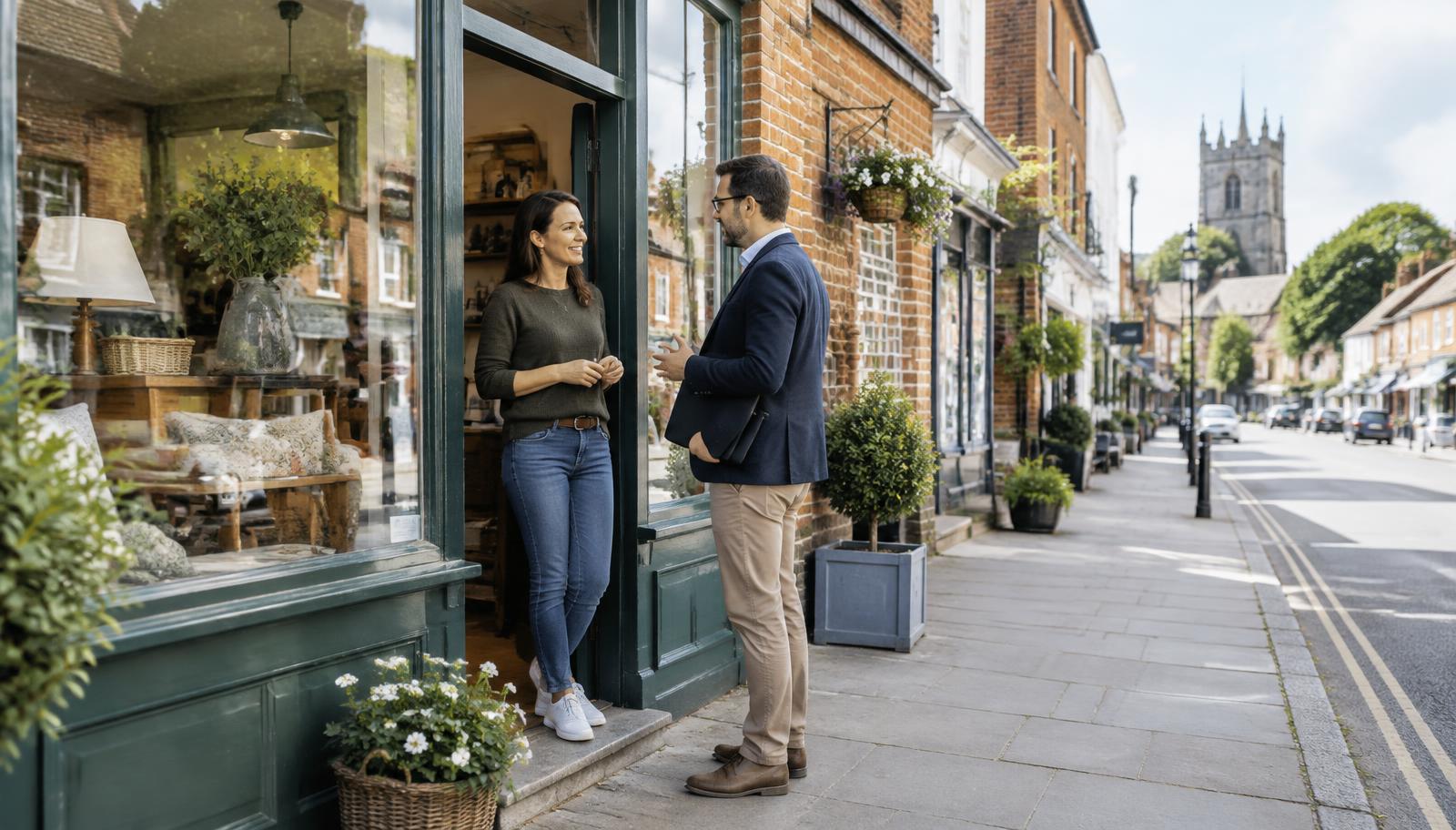 Illustrative British high street business owner speaking to a visiting consultant