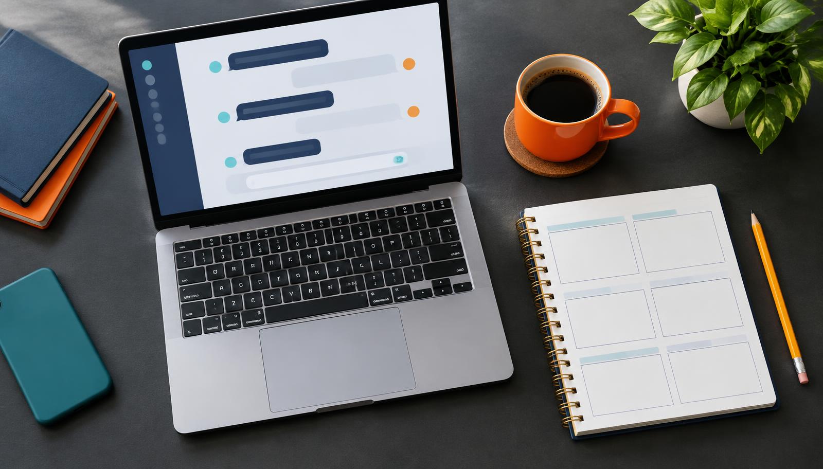 Illustrative laptop conversation beside a content planning notebook and orange coffee cup