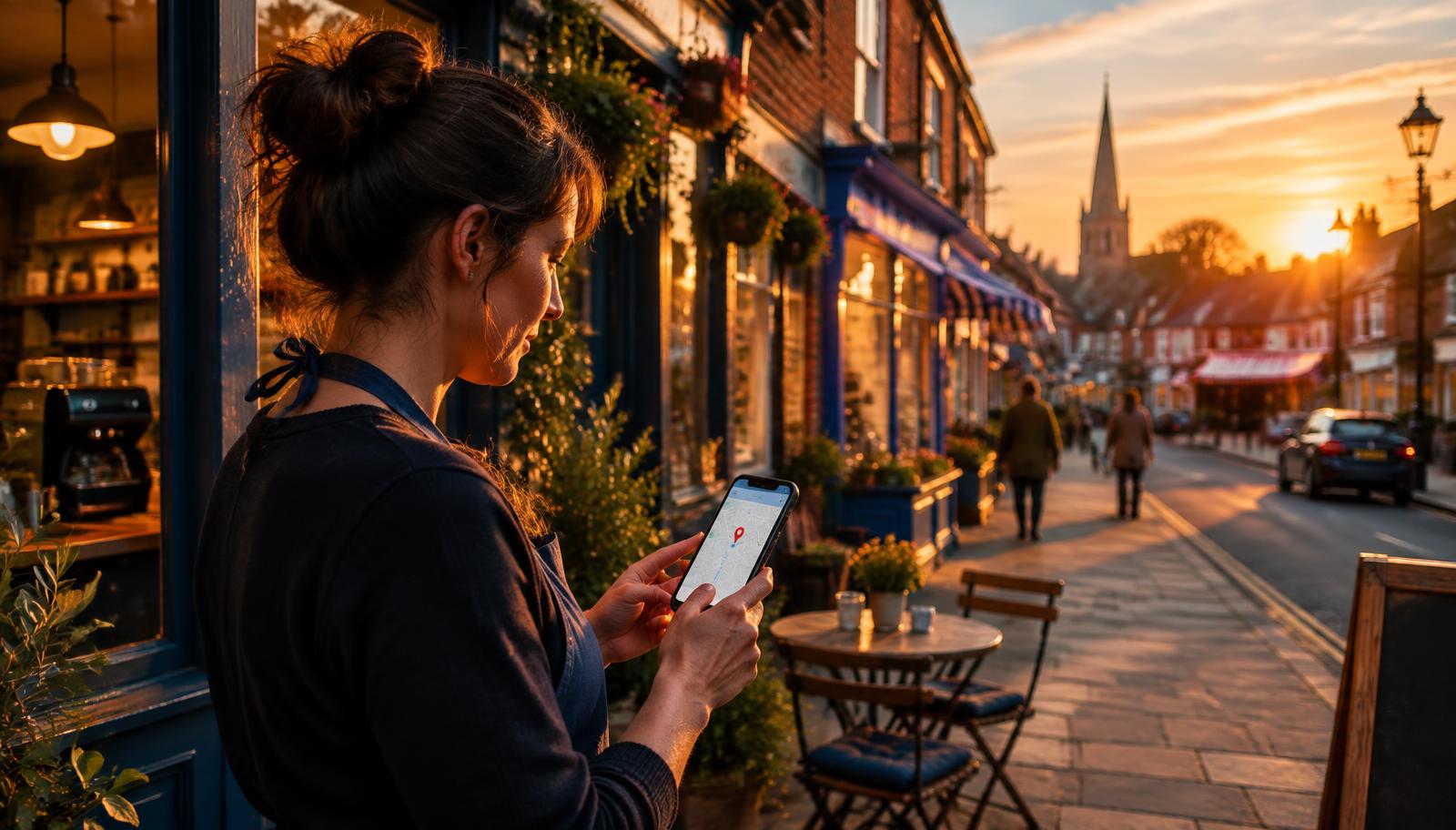 Illustrative cafe owner on a British high street checking a map on her phone