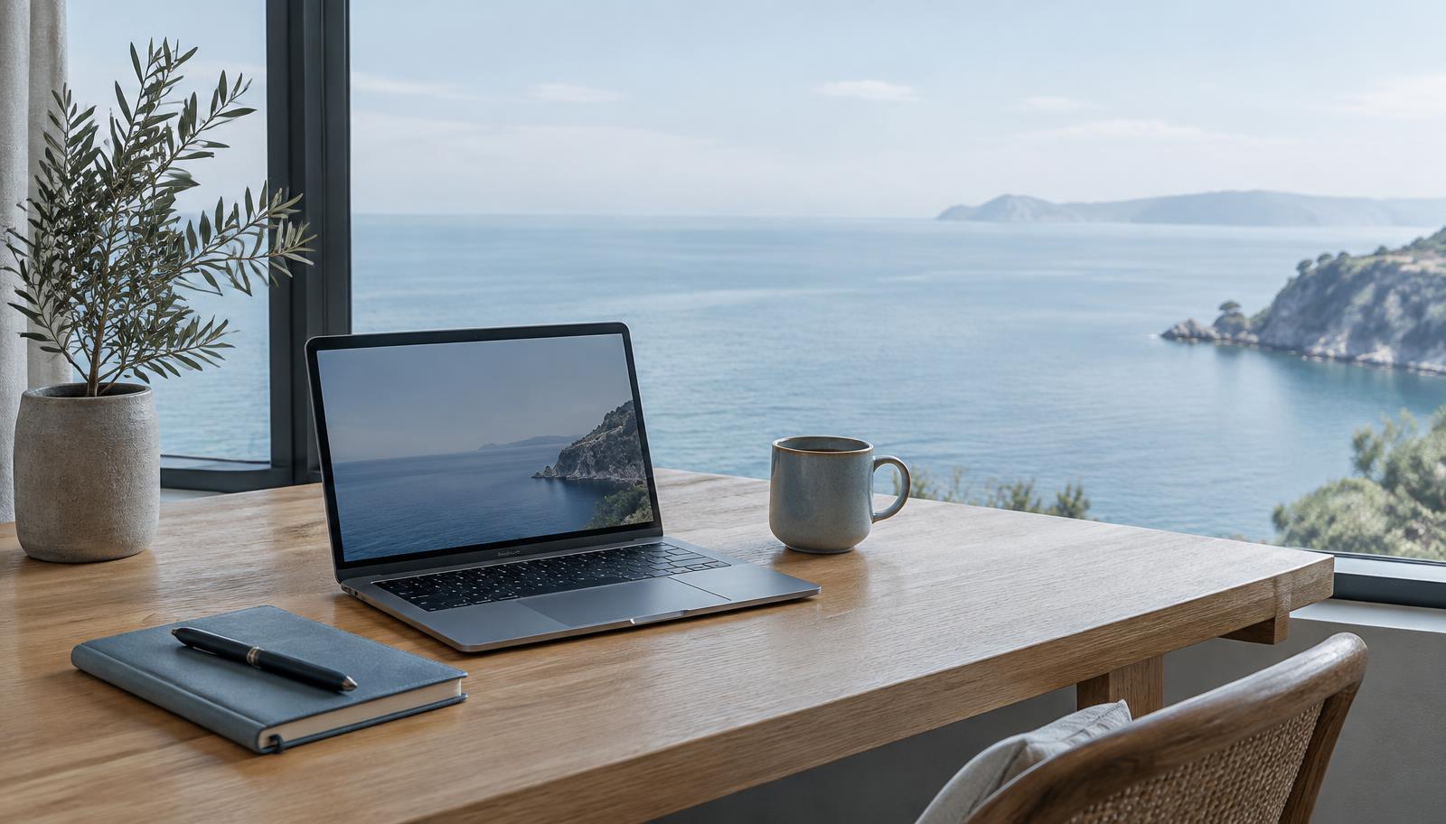 Laptop on a wooden desk by a window overlooking the sea